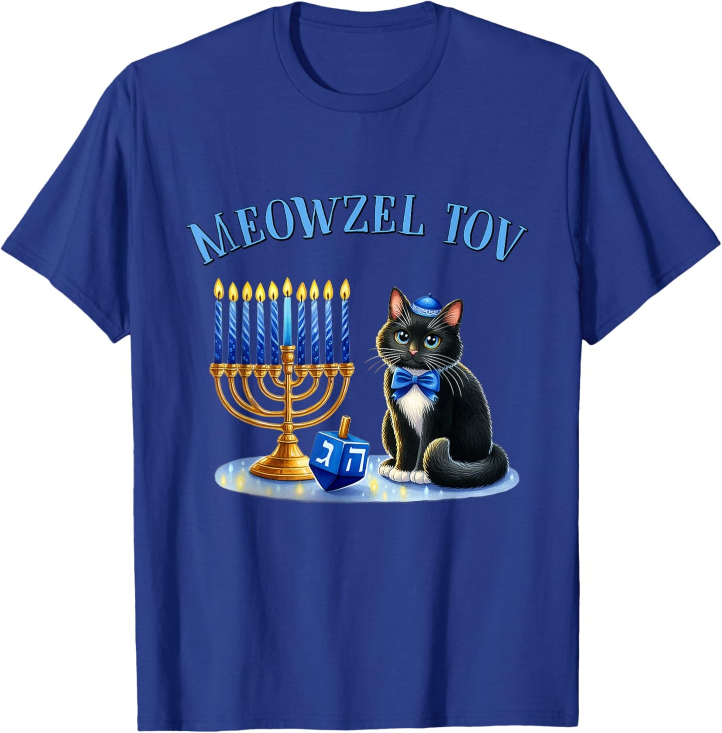 Funny Happy Hanukkah Hanukkat Meowzel Tov Jewish Cat Menorah T-Shirt - T-Shirt | Royal