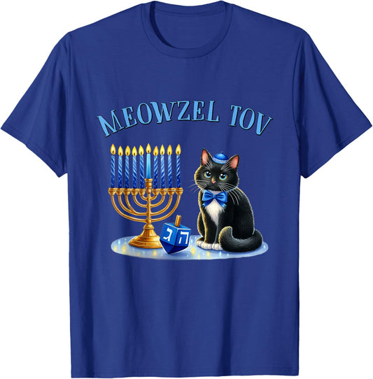 Funny Happy Hanukkah Hanukkat Meowzel Tov Jewish Cat Menorah T-Shirt - T-Shirt | Royal