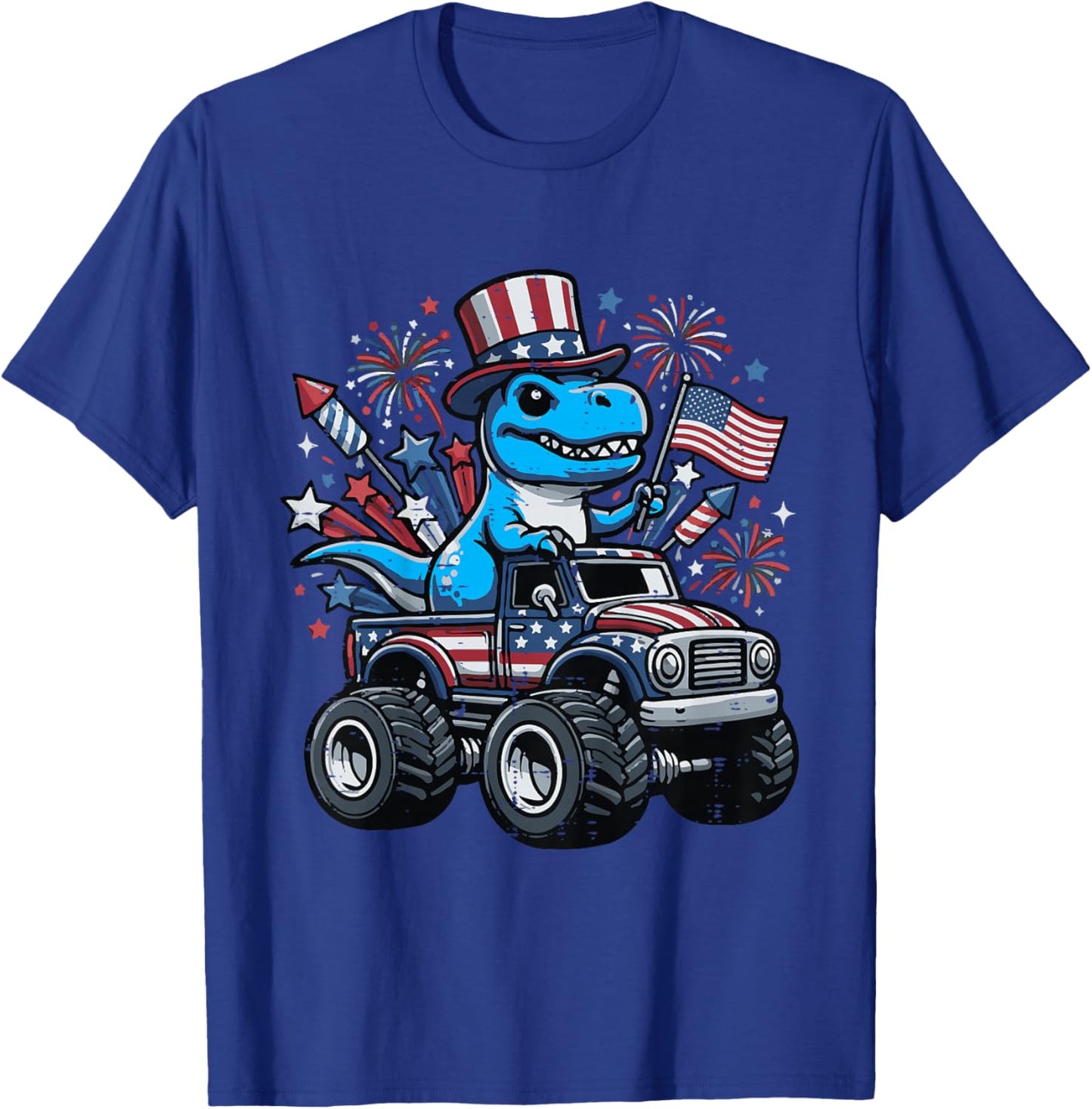 Kids 4th of July Dino On Monster Truck Trex Patriotic Boys Kids T-Shirt - T-Shirt | Royal