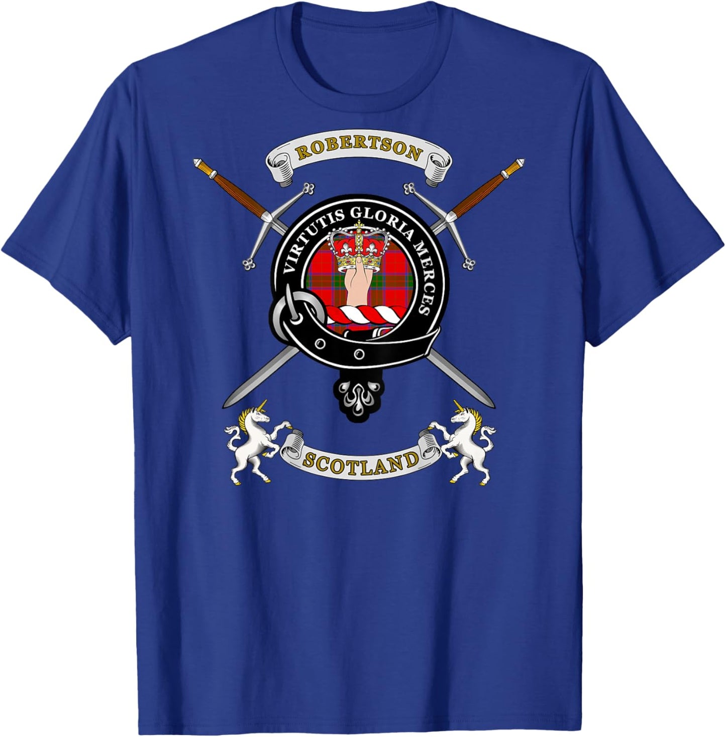 Robertson Scottish Clan Badge Tartan & Swords (Back) T-Shirt - T-Shirt | Royal