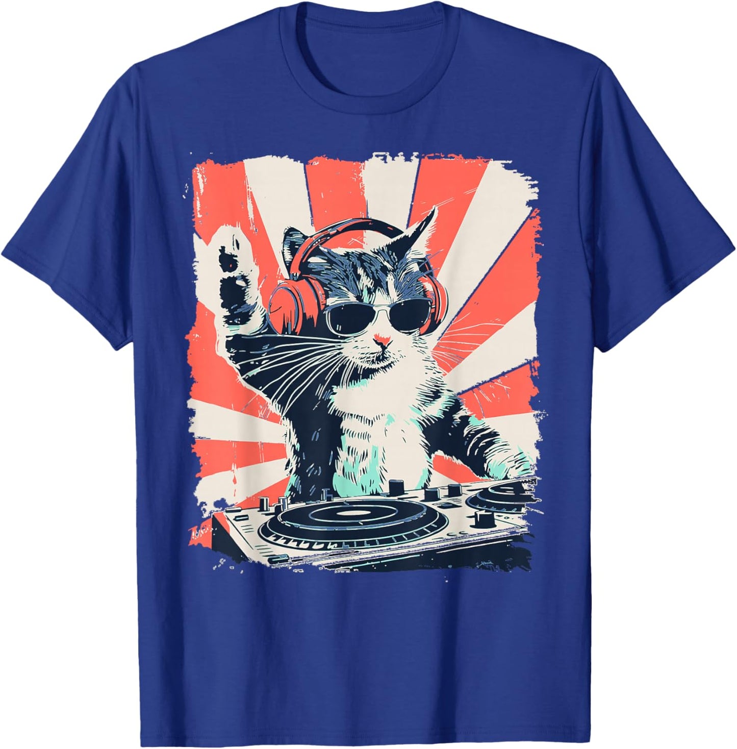 Funny DJ Cat with Headphones Retro Music Lover Art T-Shirt - T-Shirt | Royal