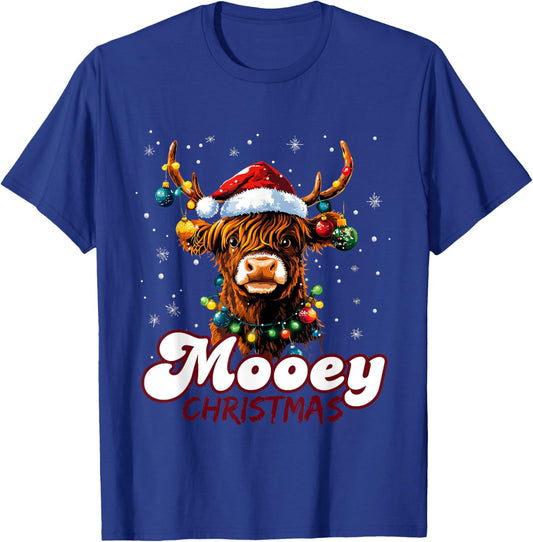 Mooey Christmas Highland Cow with Santa Hat and Xmas Lights T-Shirt - T-Shirt | Royal