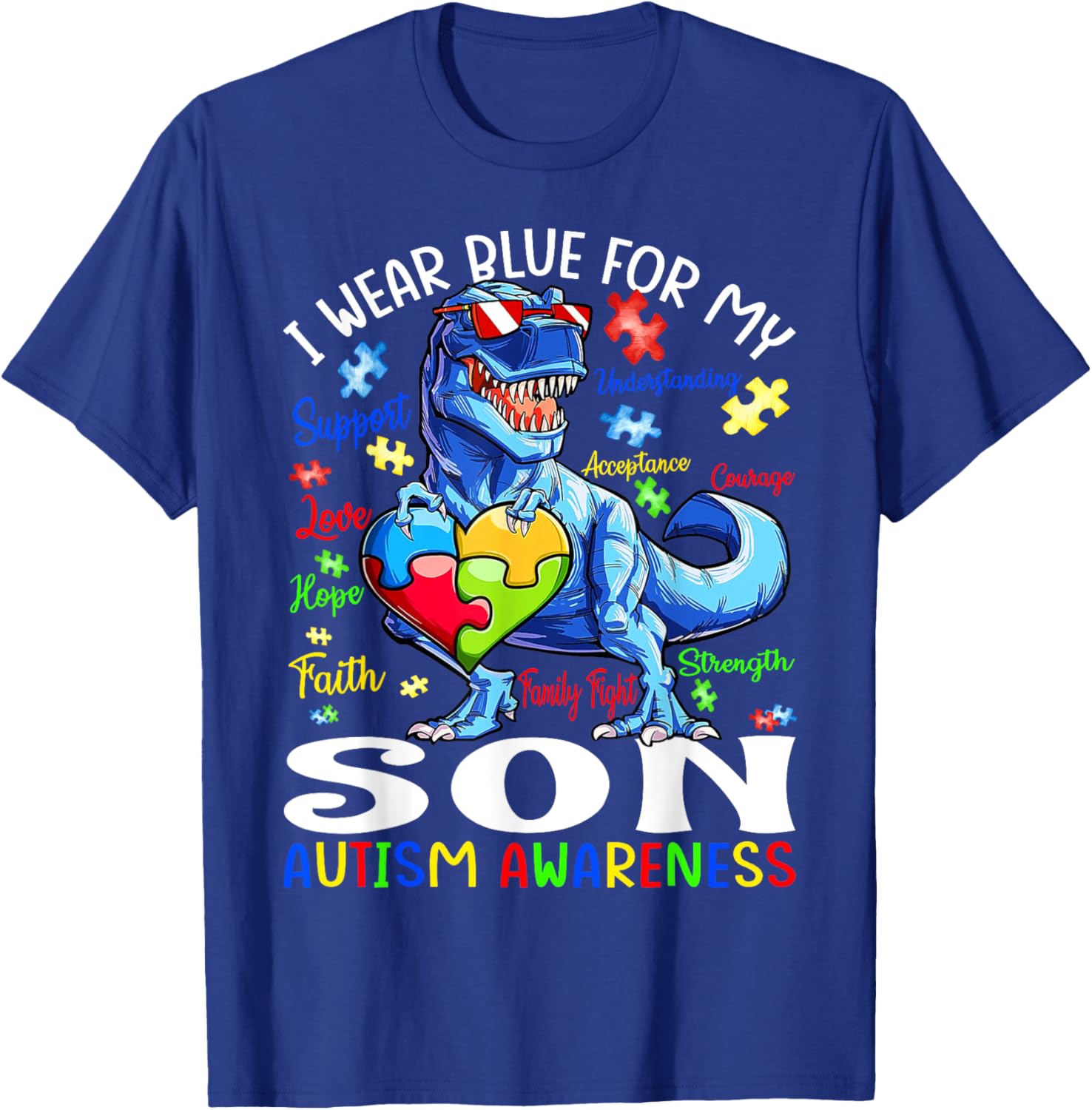 I Wear Blue For My Son Autism Awareness T Rex T-Shirt - T-Shirt | Royal