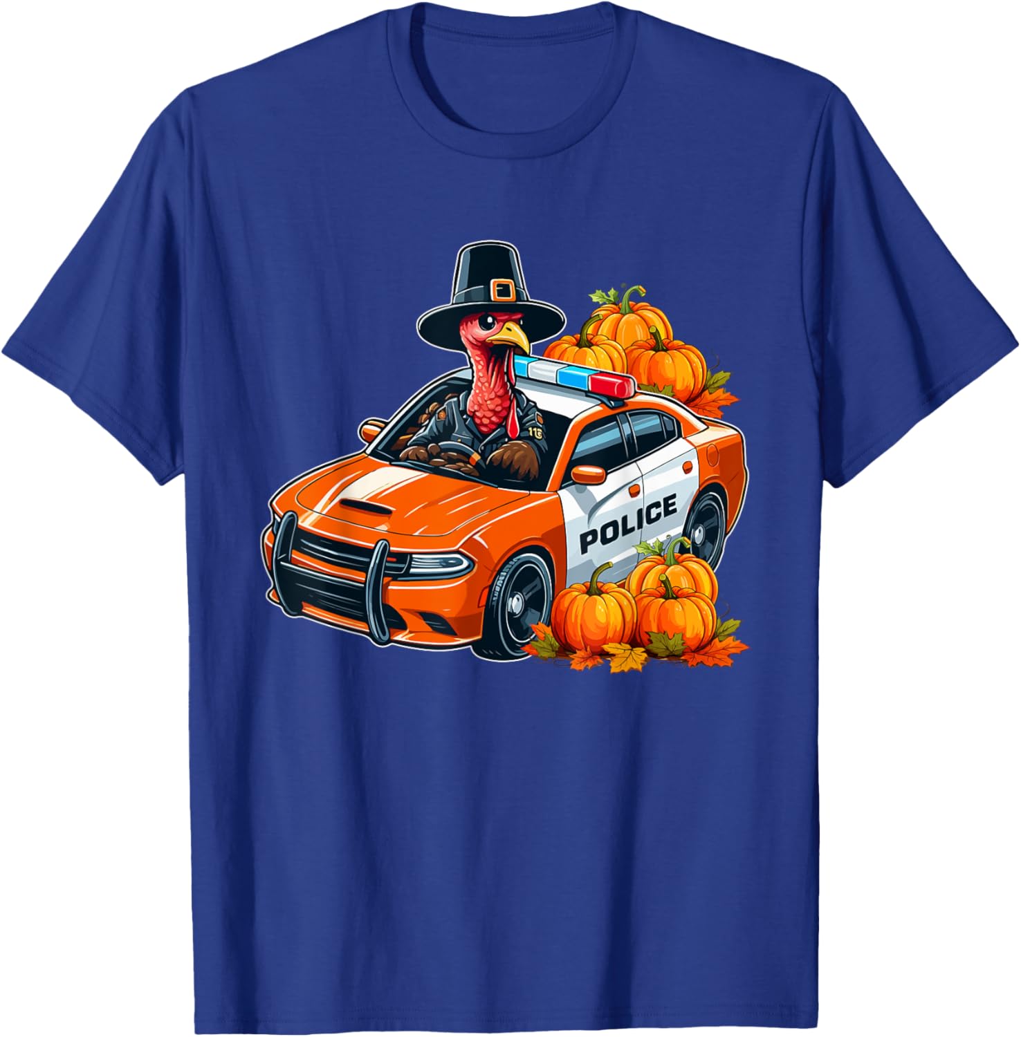 Turkey Driving Police Car Thanksgiving Driver Fall Pumpkins T-Shirt - T-Shirt | Royal