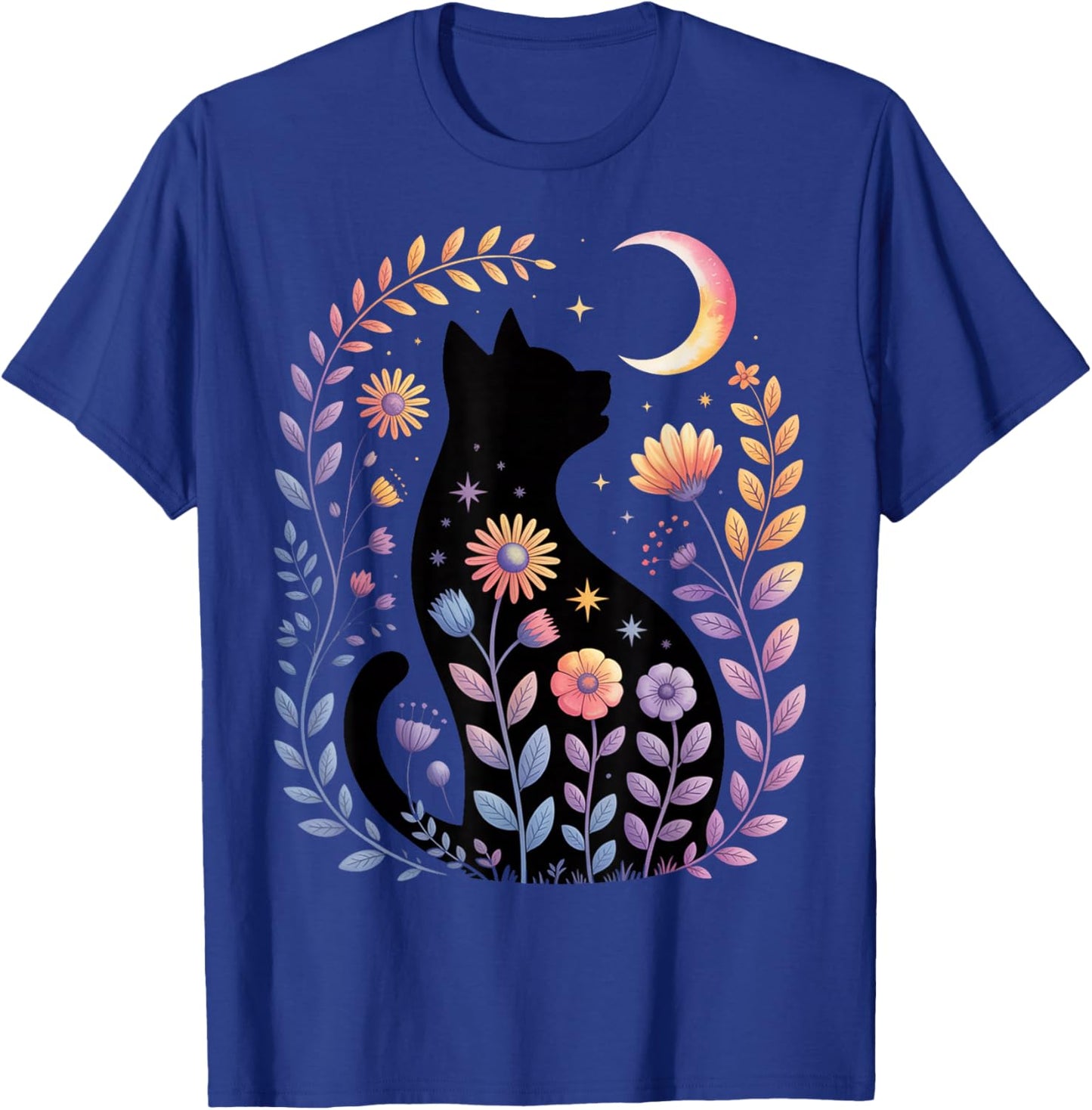 Midnight Cat and Crescent - Enchanted Lunar Garden Scene T-Shirt - T-Shirt | Royal