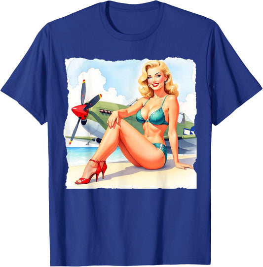 1940s Pin-Up Girl with P-51 Warbird Scene T-Shirt - T-Shirt | Royal