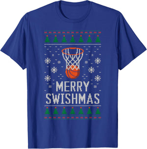 Merry Swishmas X-Mas Basketball Ugly Christmas Sweater Style T-Shirt - T-Shirt | Royal