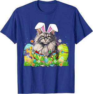 Cute Maine Coon Cat & Bunny Ears In Easter Egg Easter Day T-Shirt - T-Shirt | Royal