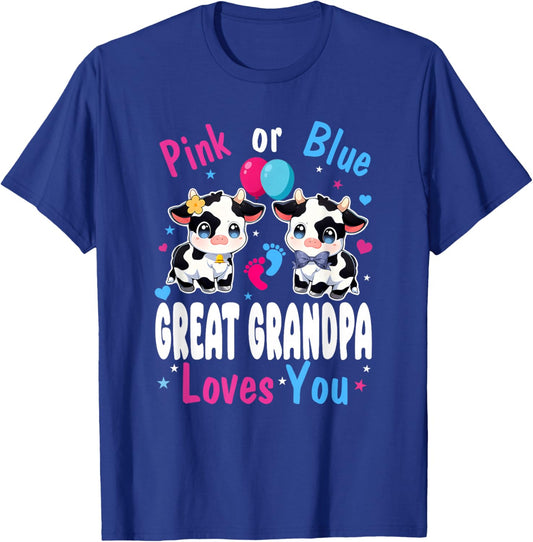 Pink Or Blue Great Grandpa Loves You Cow Baby Gender Reveal T-Shirt - T-Shirt | Royal