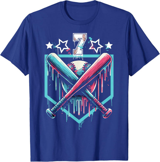 Baseball Drip 7th Birthday Boys Number 7 Youth 7 Year Old T-Shirt - T-Shirt | Royal
