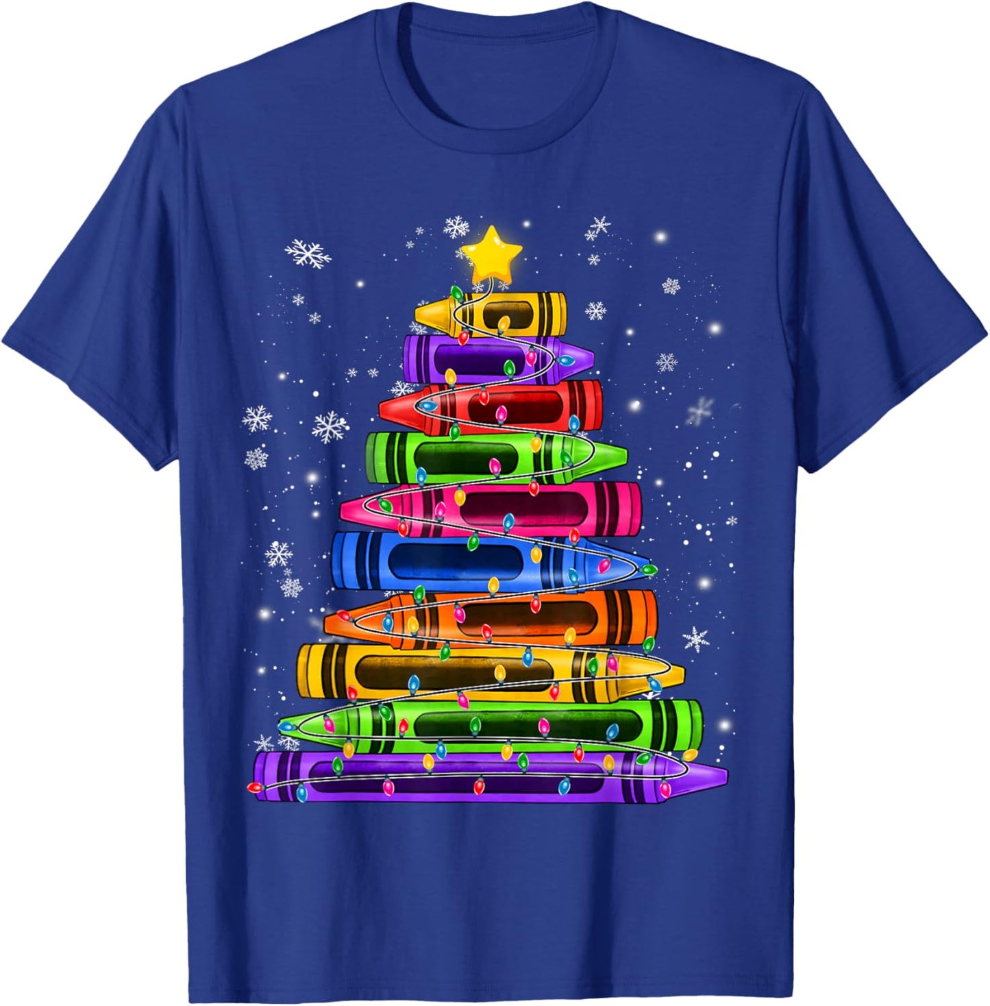 Crayon Christmas Tree Lights School Teacher Student Xmas T-Shirt - T-Shirt | Royal