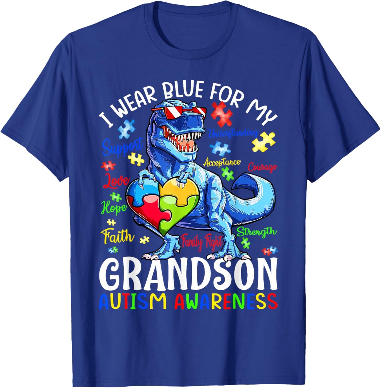 I Wear Blue For My Grandson Autism Awareness Dinosaur T-Shirt - T-Shirt | Royal