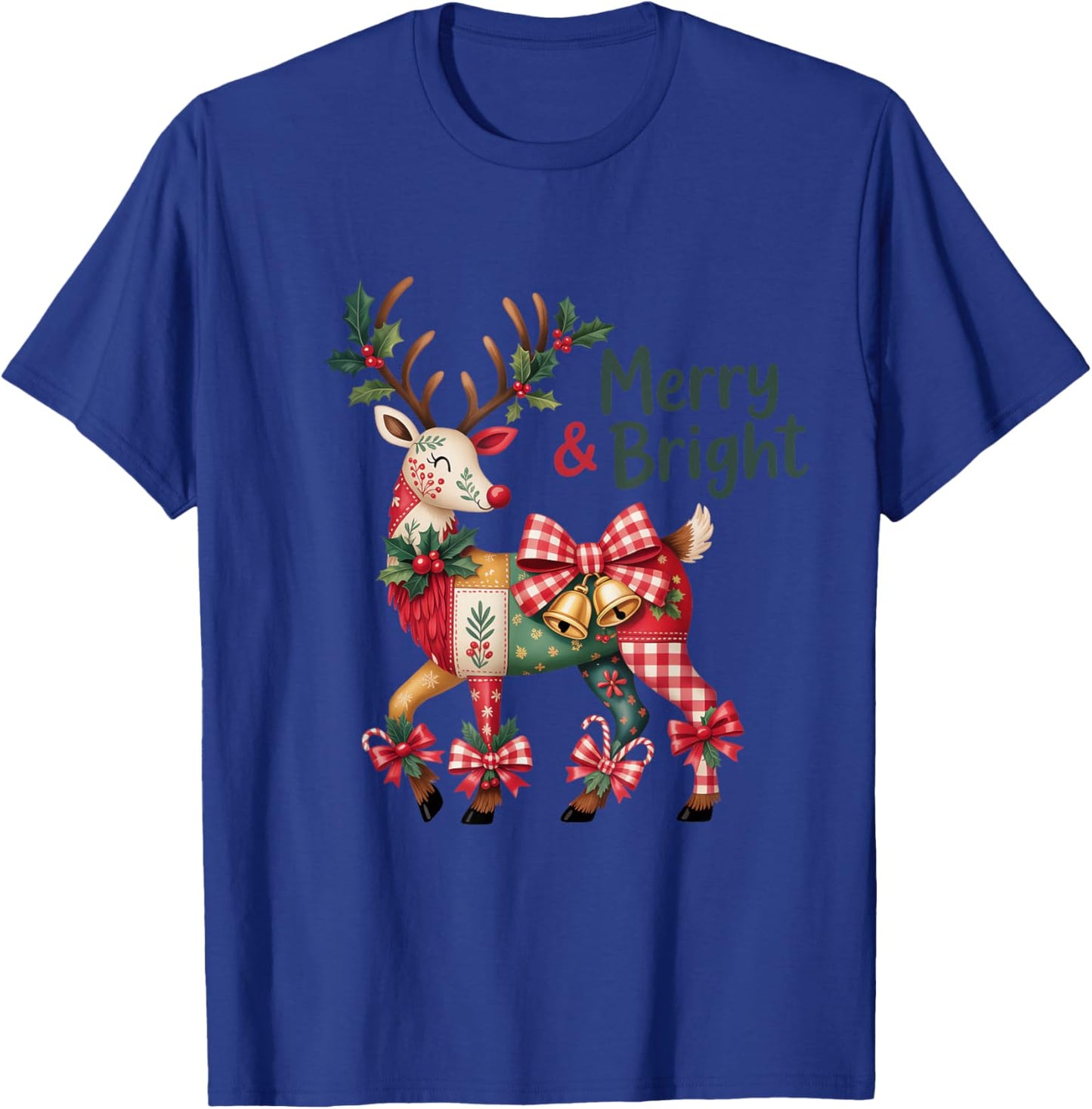 Christmas Patchwork Reindeer Merry & Bright T-Shirt - T-Shirt | Royal