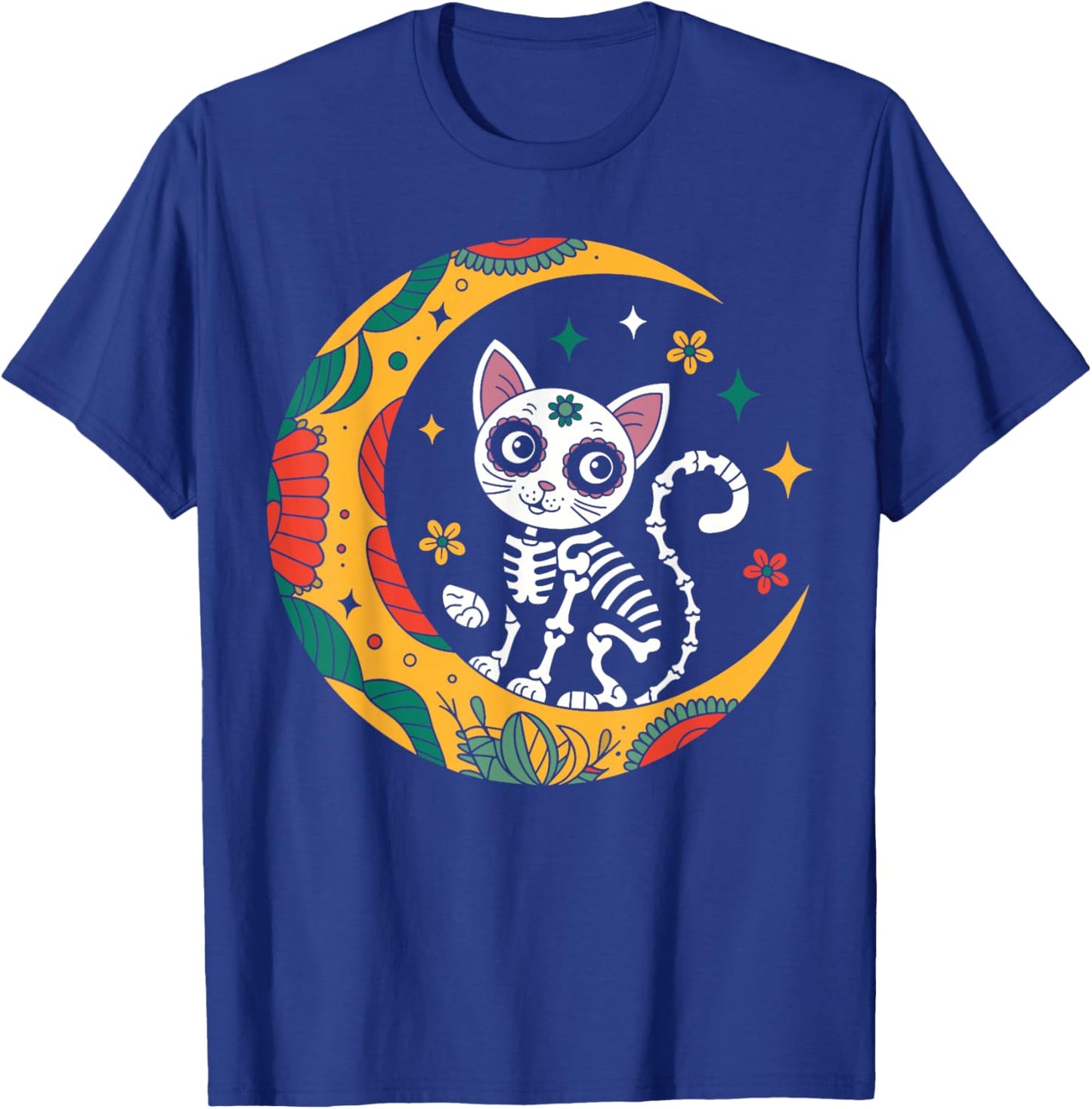 Cat And Moon Skull Dia De Los Muertos Day Of The Dead T-Shirt - T-Shirt | Royal