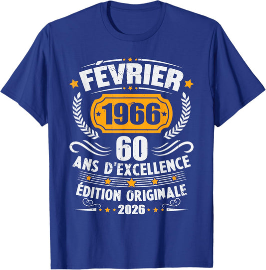 Vintage February 1966 60th Birthday Gift Man Woman T-Shirt - T-Shirt | Royal