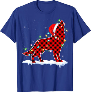 Santa Wolf Xmas Lighting Buffalo Plaid Wolf Christmas Pajama T-Shirt - T-Shirt | Royal