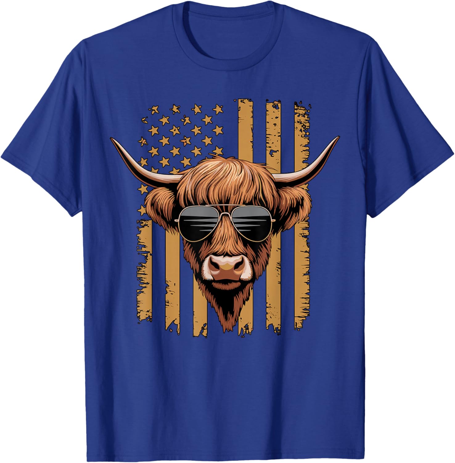 Highland Cow with Sunglasses and American Flag Vintage T-Shirt - T-Shirt | Royal