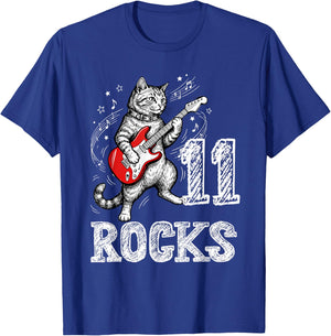Funny Cat Playing Guitar 11 Rocks 11th Birthday Kids Gift T-Shirt - T-Shirt | Royal