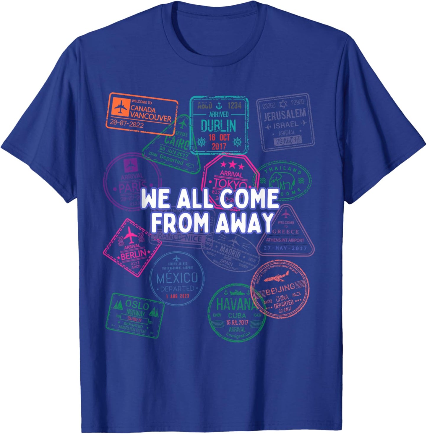 We All Come From Away Travel Stamps Musical Theatre T-Shirt - T-Shirt | Royal