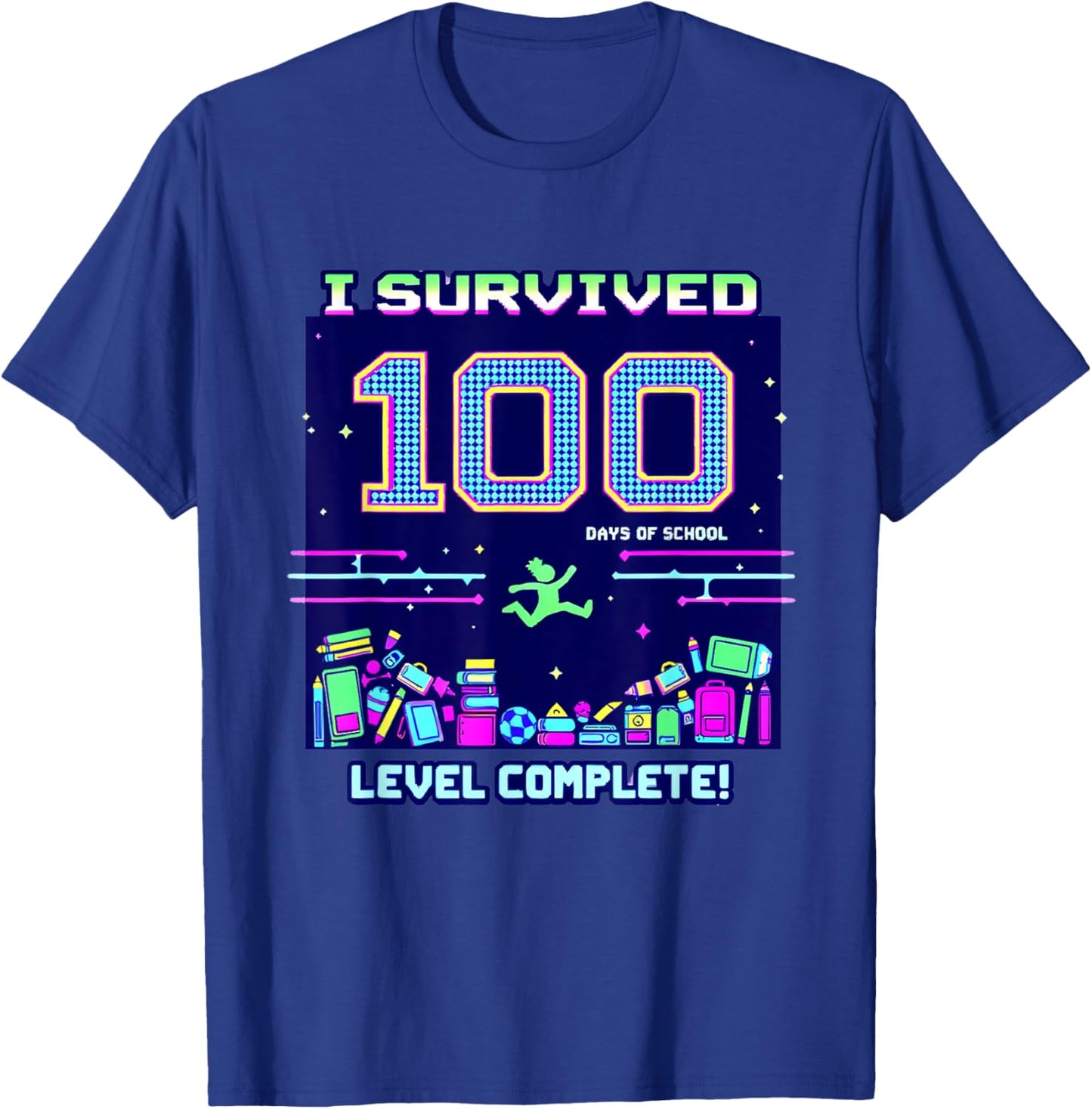 I Survived 100 Days of School Retro Gamer Celebration T-Shirt - T-Shirt | Royal