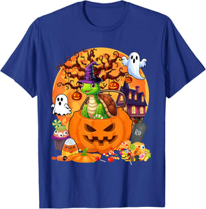 Turtle Cosplay Witch In Carved Pumpkin Basket Halloween T-Shirt - T-Shirt | Royal