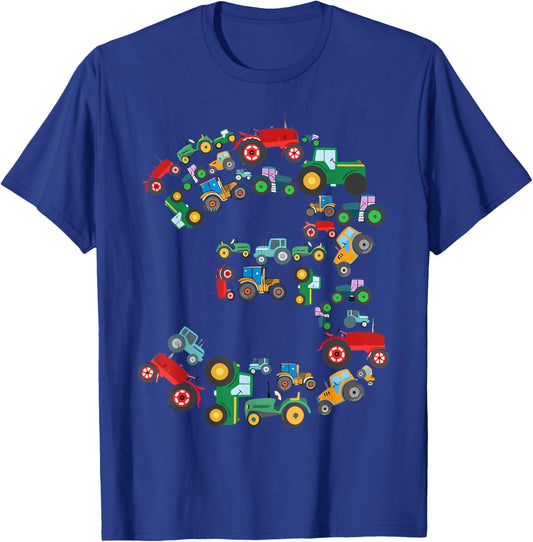 Tractors 3 Years Old 3rd Farm Birthday Theme Party Matching T-Shirt - T-Shirt | Royal