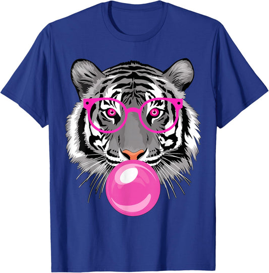 Tiger with Glasses and Bubble Gum T-Shirt - T-Shirt | Royal