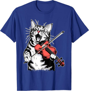 Funny Orchestra Musician Violinist Rock Cat Playing Violin T-Shirt - T-Shirt | Royal