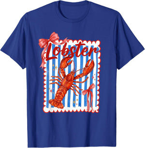 Lobster Red Bow Preppy Coquette Blue White Stripes Coastal T-Shirt - T-Shirt | Royal