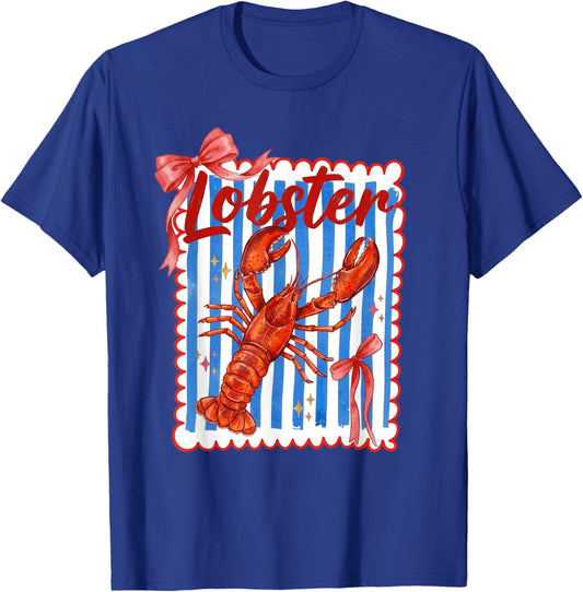 Lobster Red Bow Preppy Coquette Blue White Stripes Coastal T-Shirt - T-Shirt | Royal