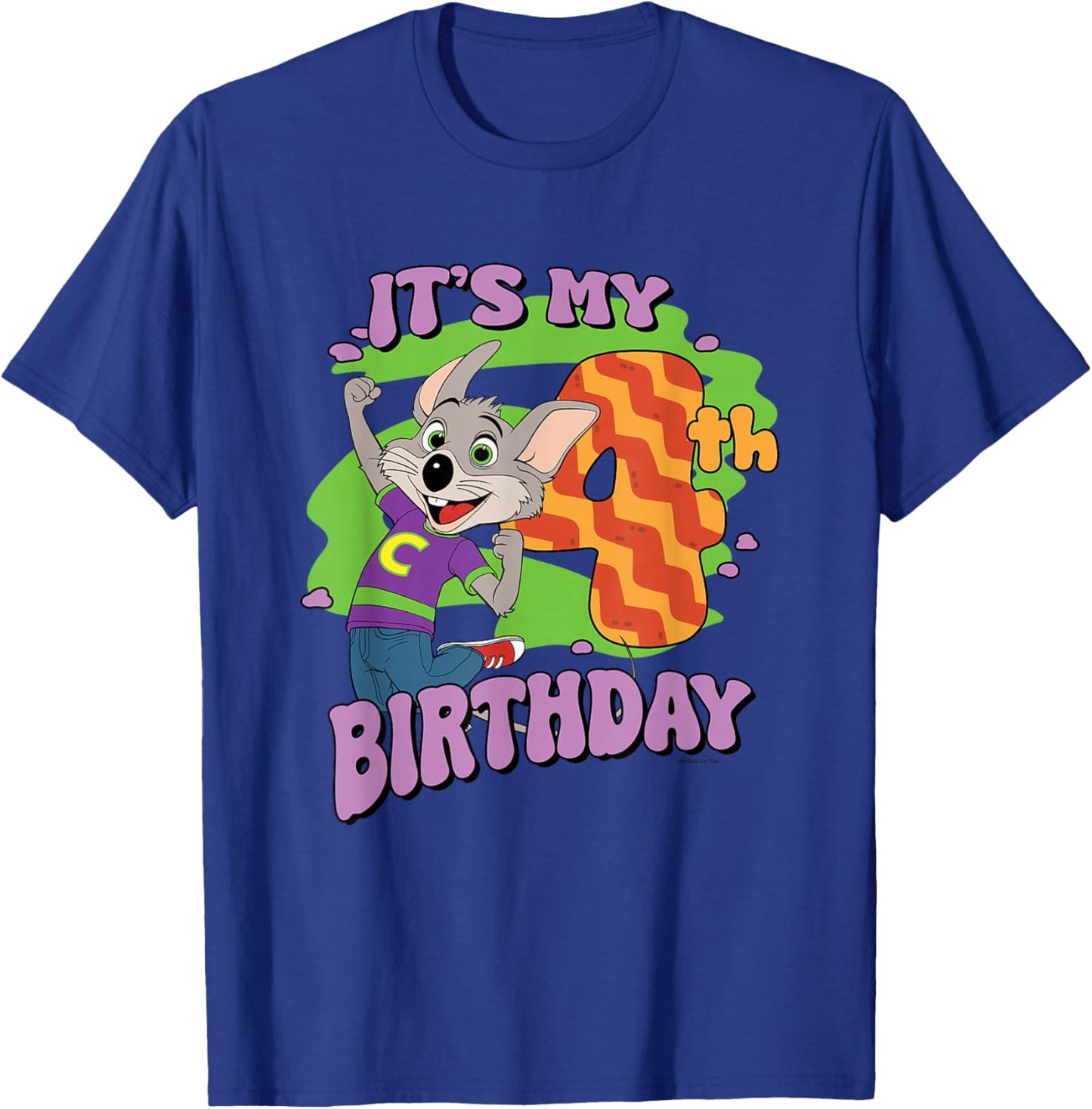 Chuck E. Cheese It's My 4th Birthday Happy Chuck Chest Logo T-Shirt - T-Shirt | Royal