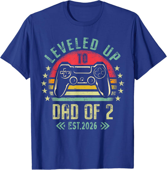 I Leveled Up to Dad of 2 2026 Promoted to Dad of Two Kids T-Shirt - T-Shirt | Royal
