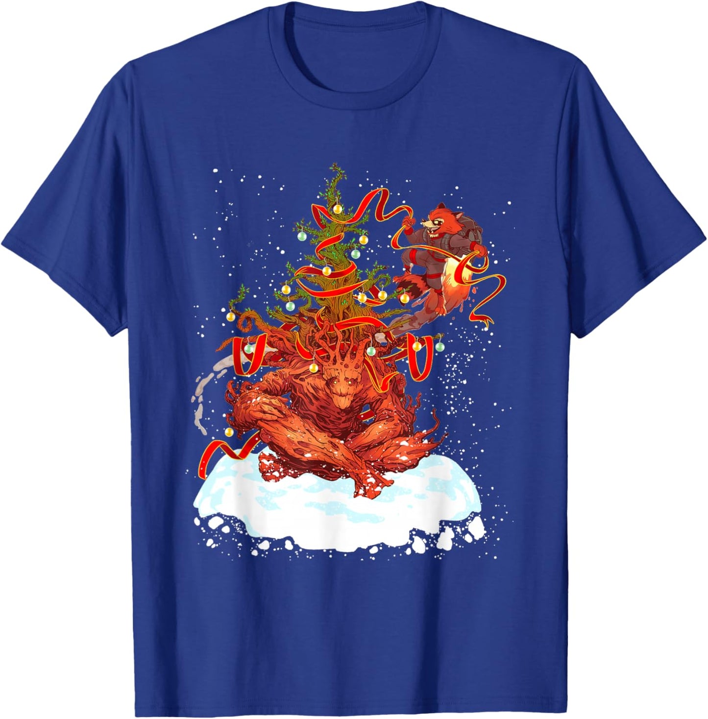 Marvel Rocket and Groot Holiday Christmas Tree Guardians T-Shirt - T-Shirt | Royal