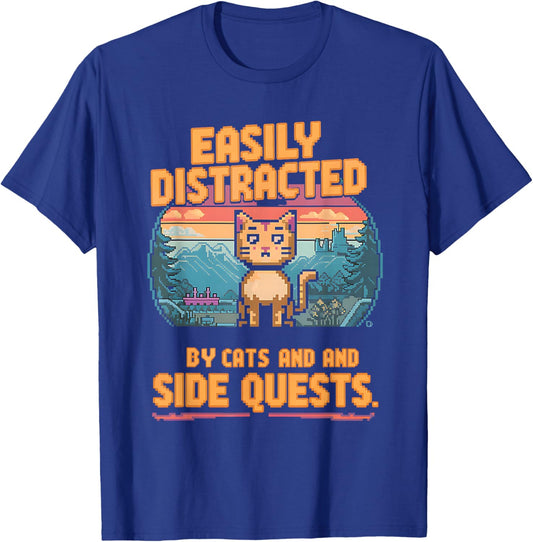 Easily Distracted by Cats Side Quests Gamer Men Women Kids T-Shirt - T-Shirt | Royal