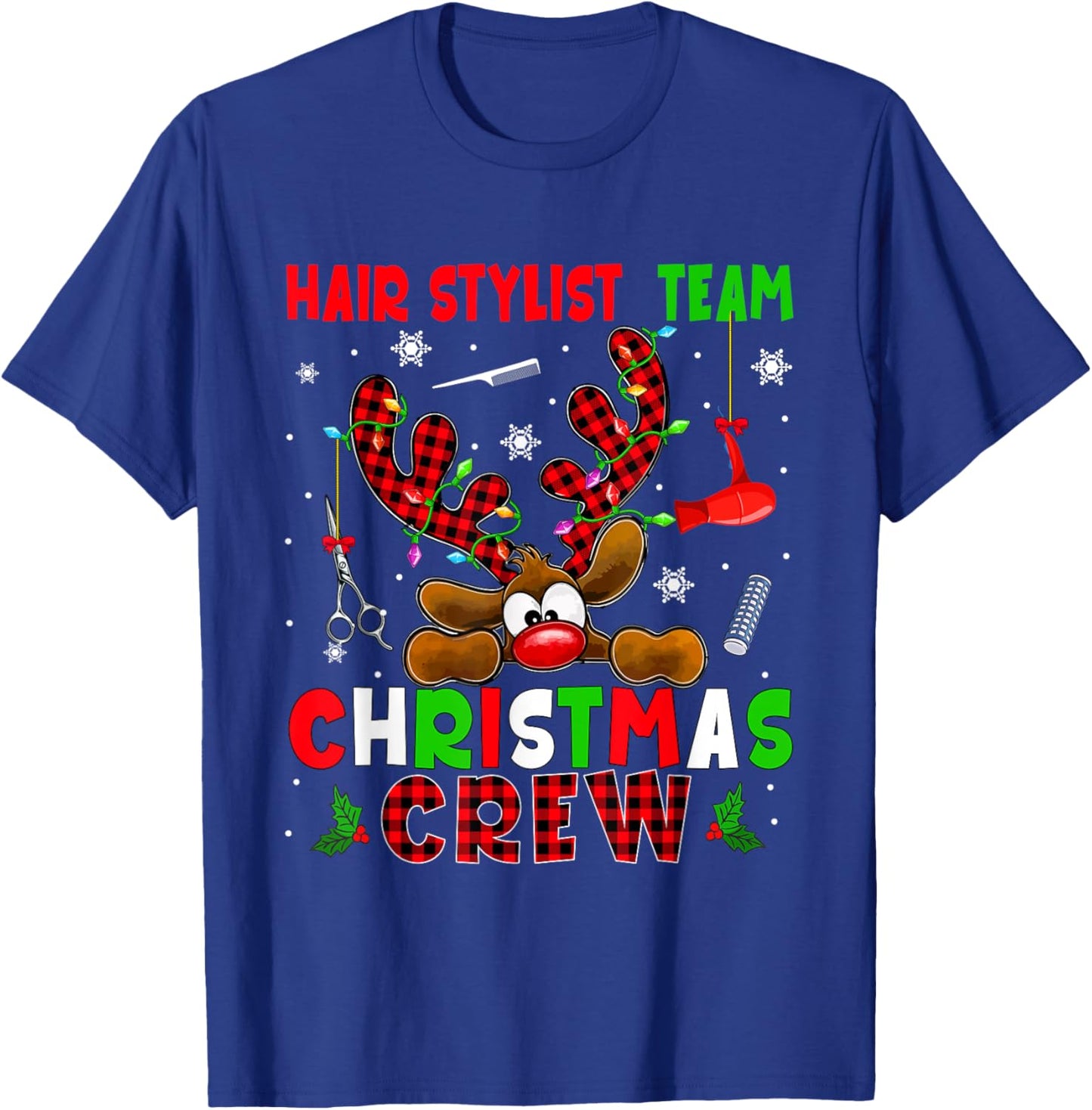 Hair Stylist Team Christmas Crew Proud Job Colorful Reindeer T-Shirt - T-Shirt | Royal