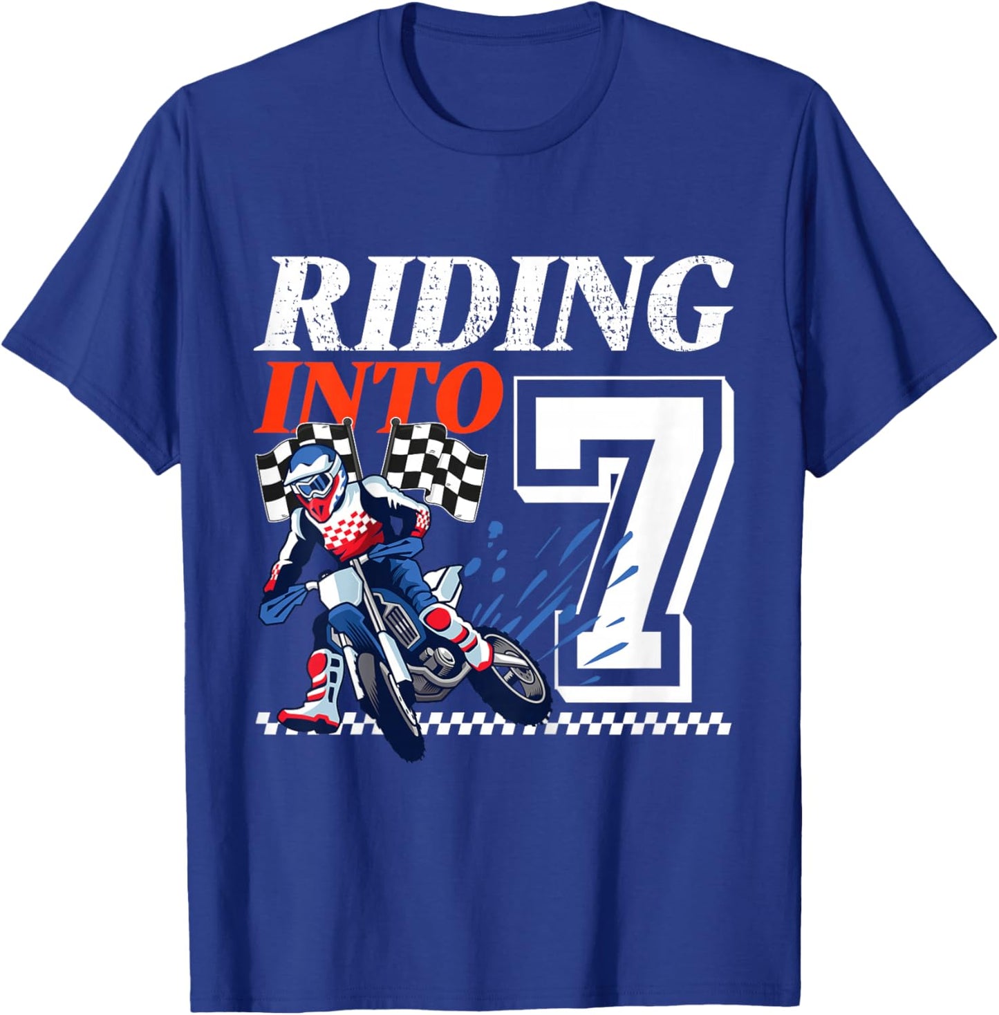 Dirt Bike Riding into 7 Years Motocross 7th Birthday Party T-Shirt - T-Shirt | Royal