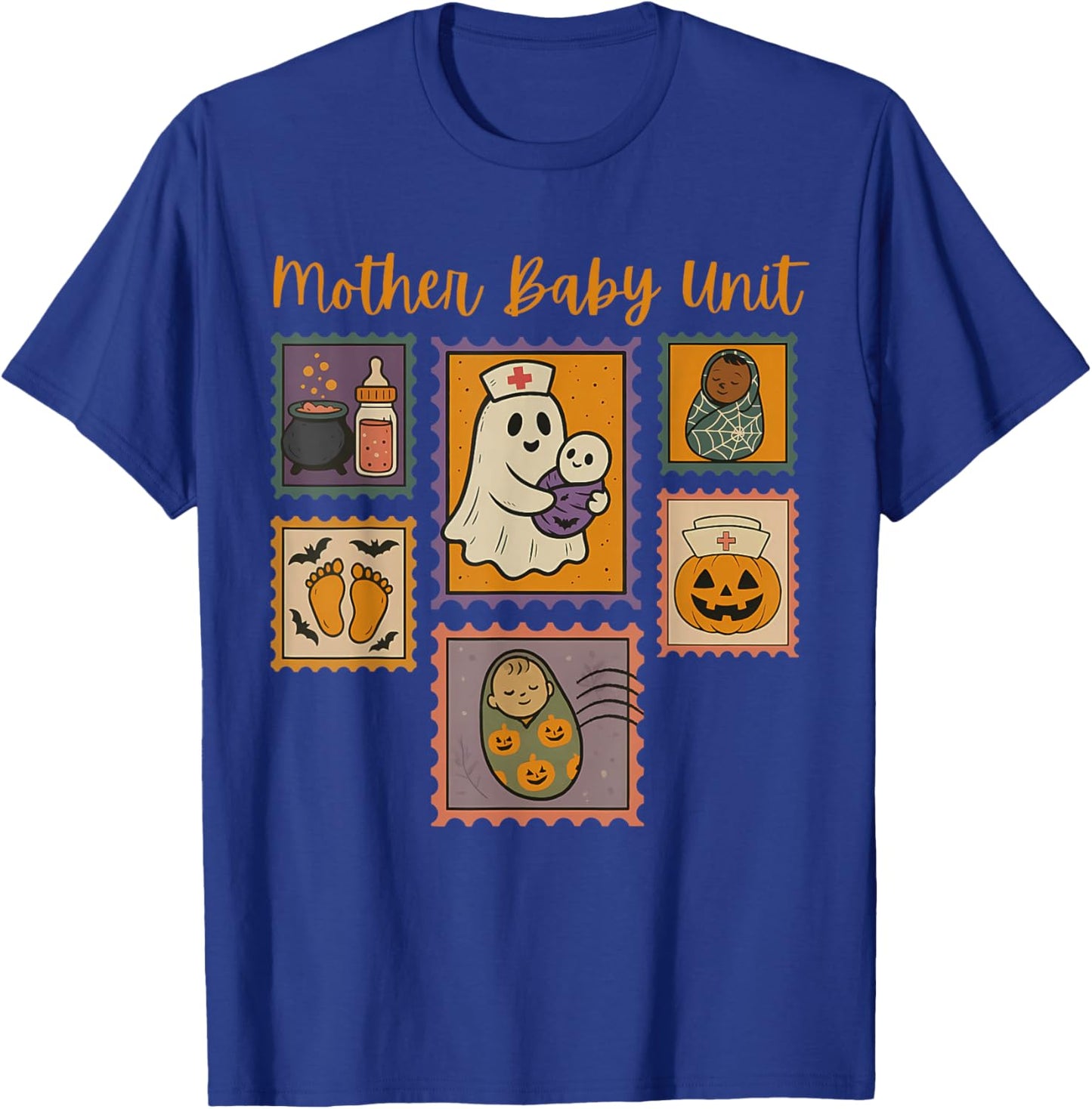 Stamp Mother Baby Nurse Halloween Spooky Nursery Nurse Ghost T-Shirt - T-Shirt | Royal