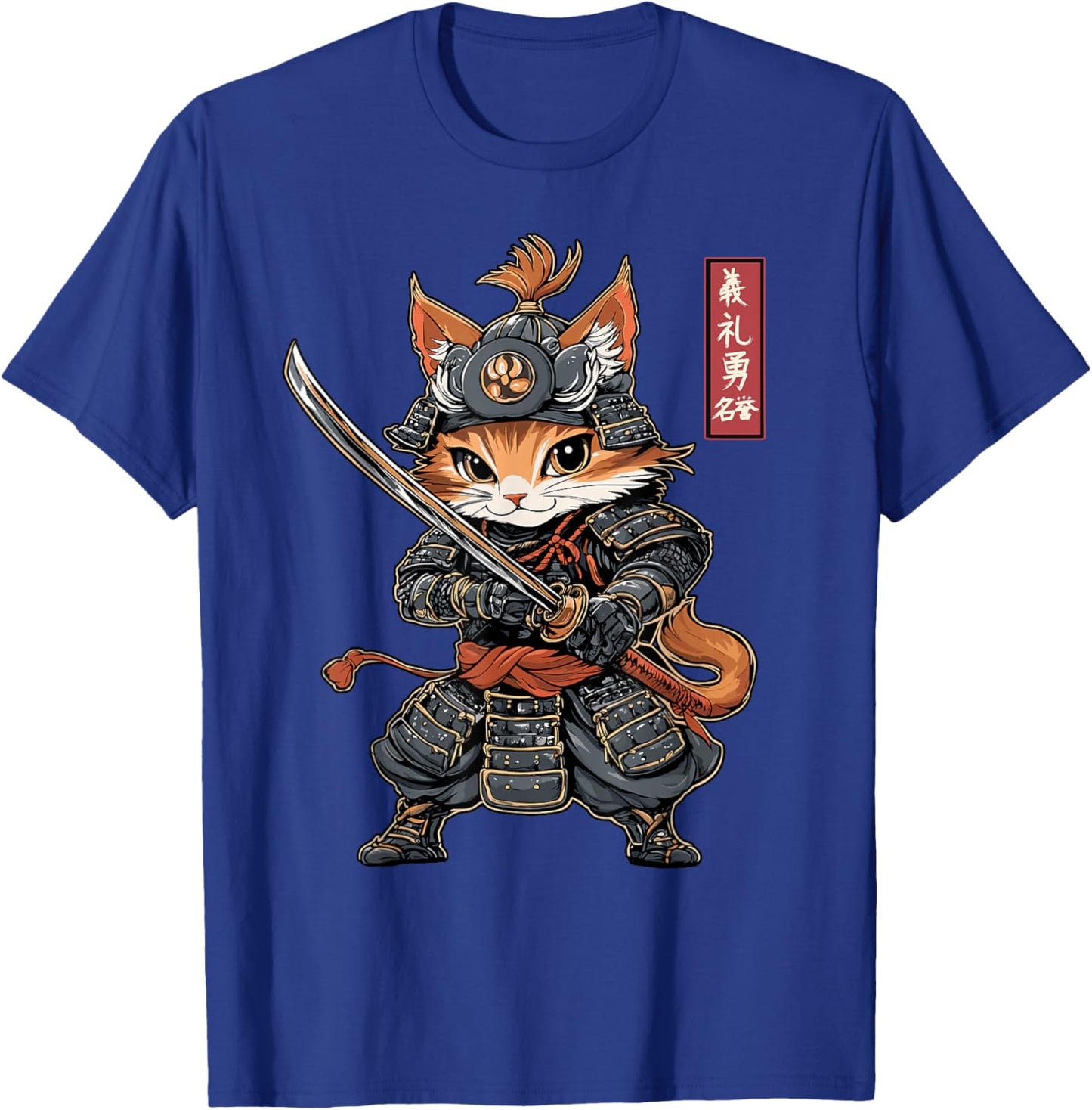 Japanese Samurai Cat, Warrior, Vintage & Kawaii Anime Kitten T-Shirt - T-Shirt | Royal