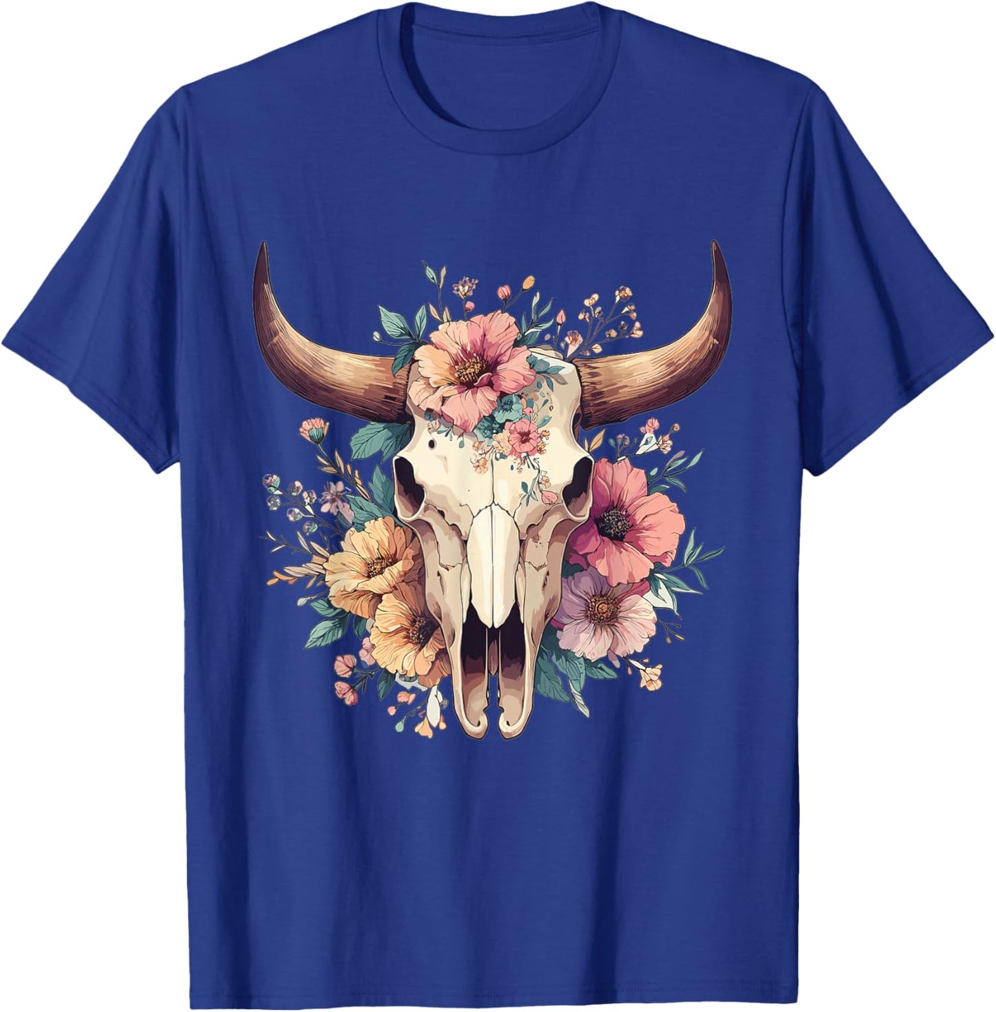 Boho Cow Bull Skull Flowers Wild west Western Cowgirl Texans T-Shirt - T-Shirt | Royal