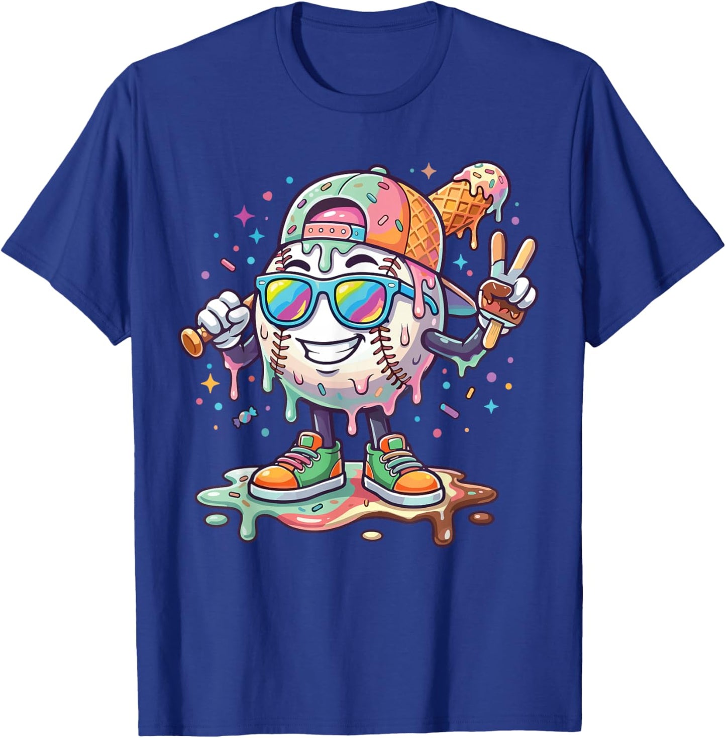 Baseball Ice Cream Drip Youth Boys Kids Baseball Drip T-Shirt - T-Shirt | Royal