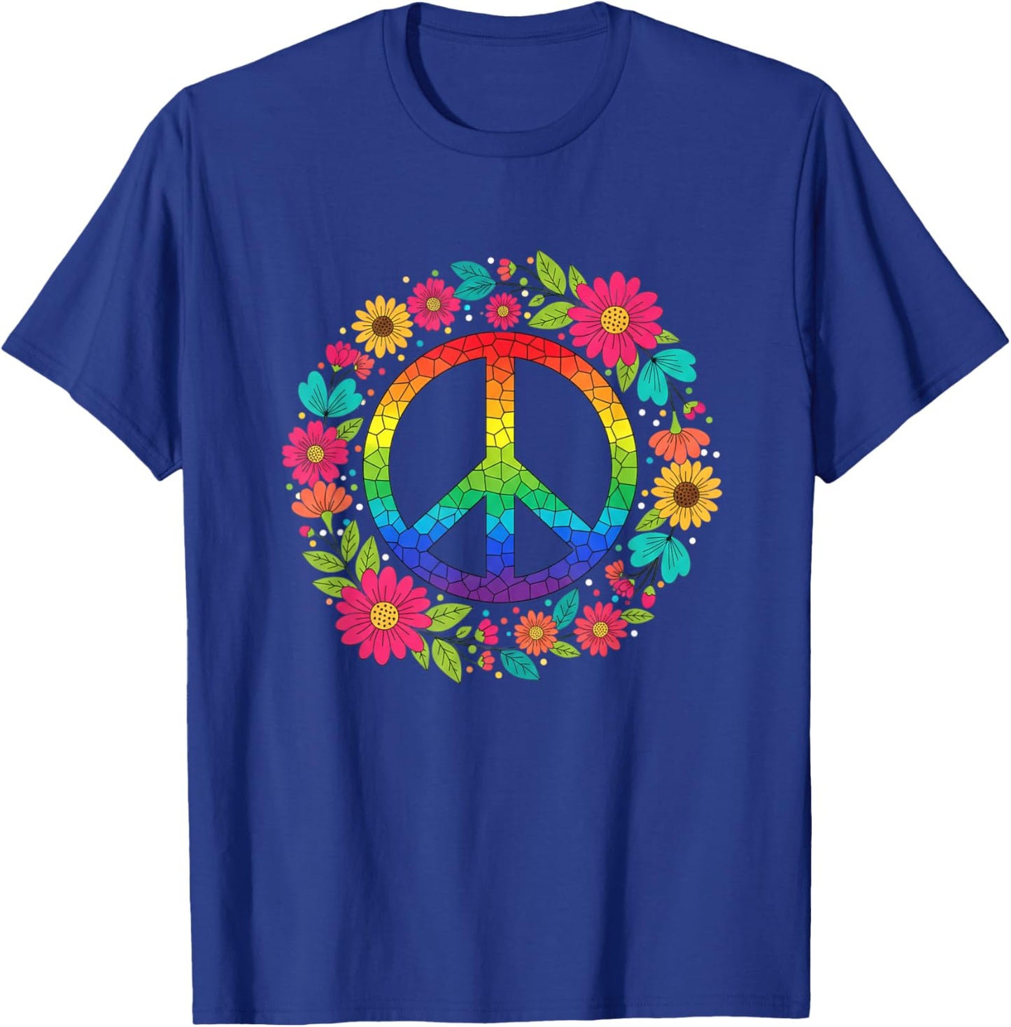 Peace Sign Floral Hippie Retro Rainbow Mosaic Boho Vibes T-Shirt - T-Shirt | Royal
