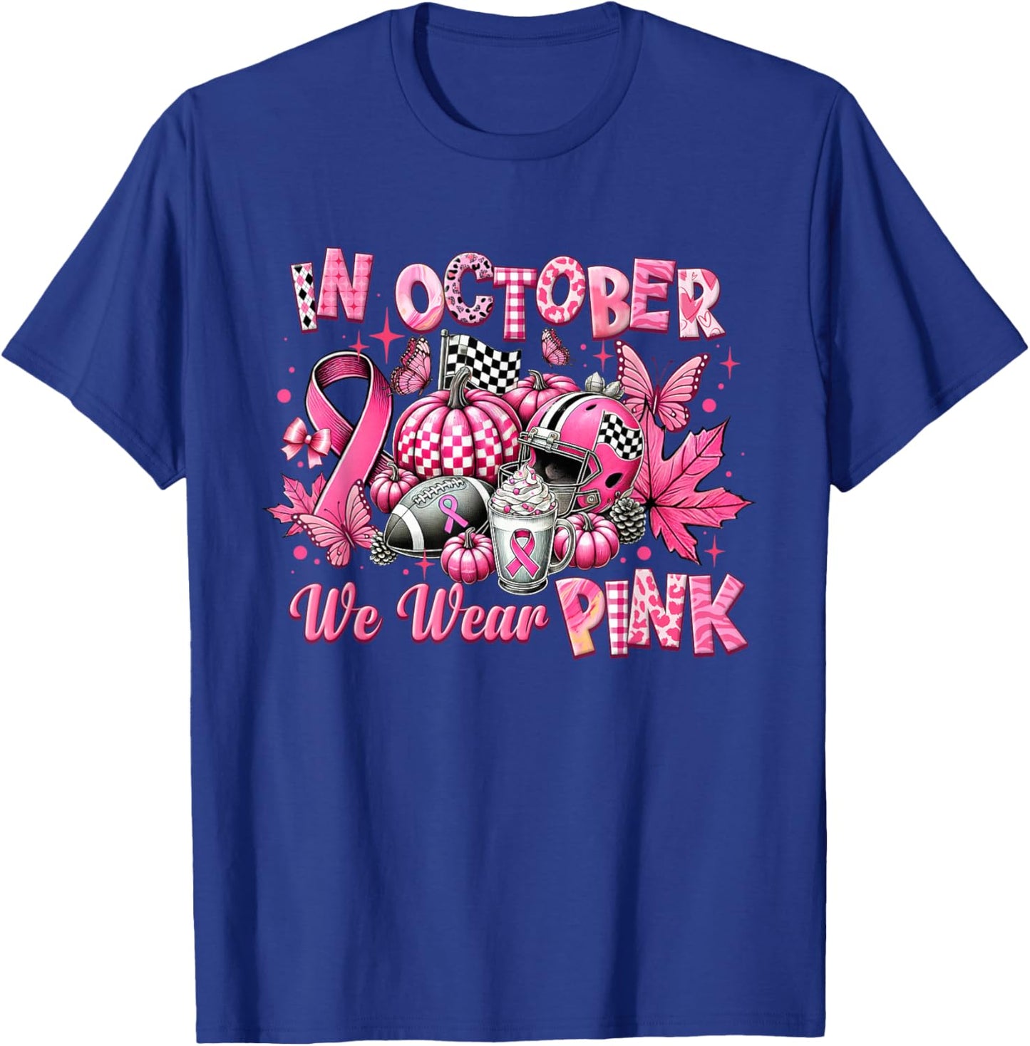 In October We Wear Pink Breast Cancer Pumpkin Football T-Shirt - T-Shirt | Royal