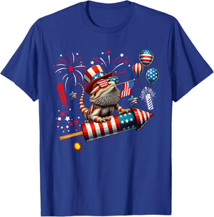 Bearded Dragon Riding Firecracker US Flag 4th Of July T-Shirt - T-Shirt | Royal
