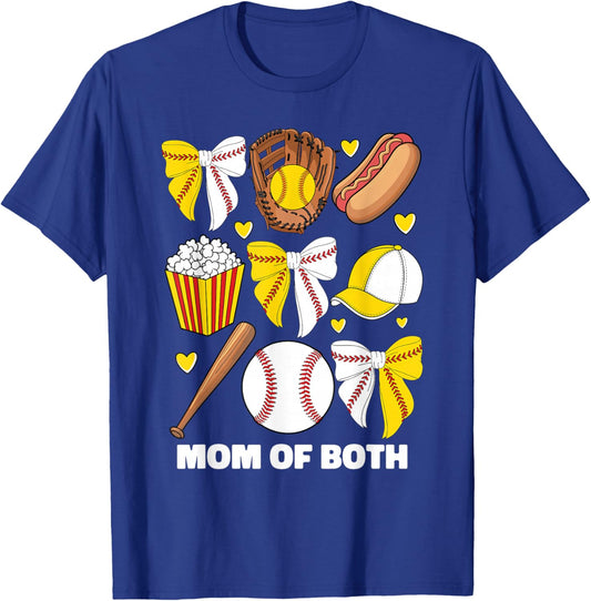 Mom Of Both Baseball And Softball Mom Coquette Bow T-Shirt - T-Shirt | Royal