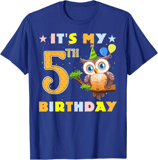 Cute It's My 5th Birthday Owl Birds 5 Years Old T-Shirt - T-Shirt | Royal