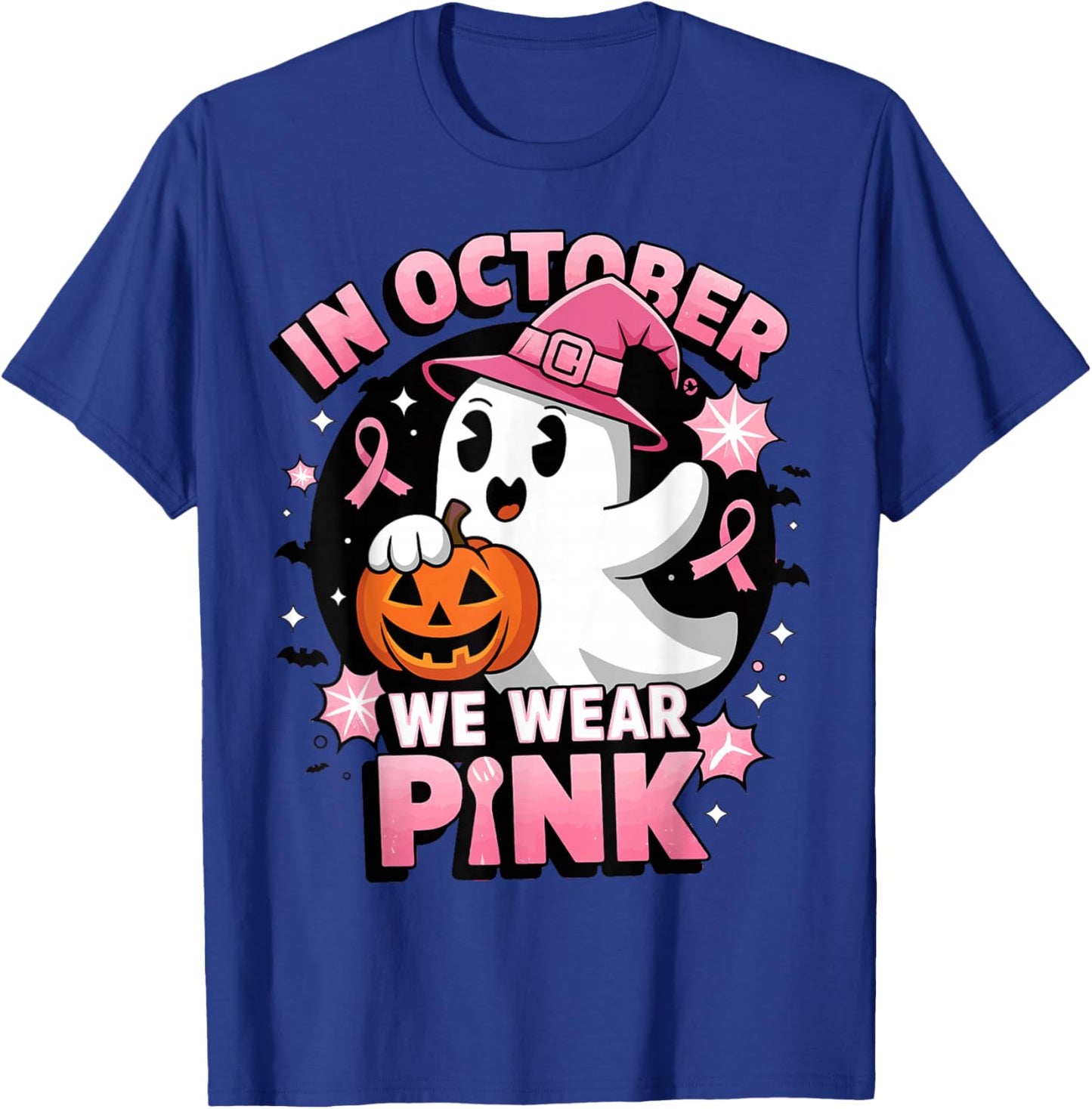 Ghost Witch in October We Wear Pink Breast Cancer Awareness T-Shirt - T-Shirt | Royal