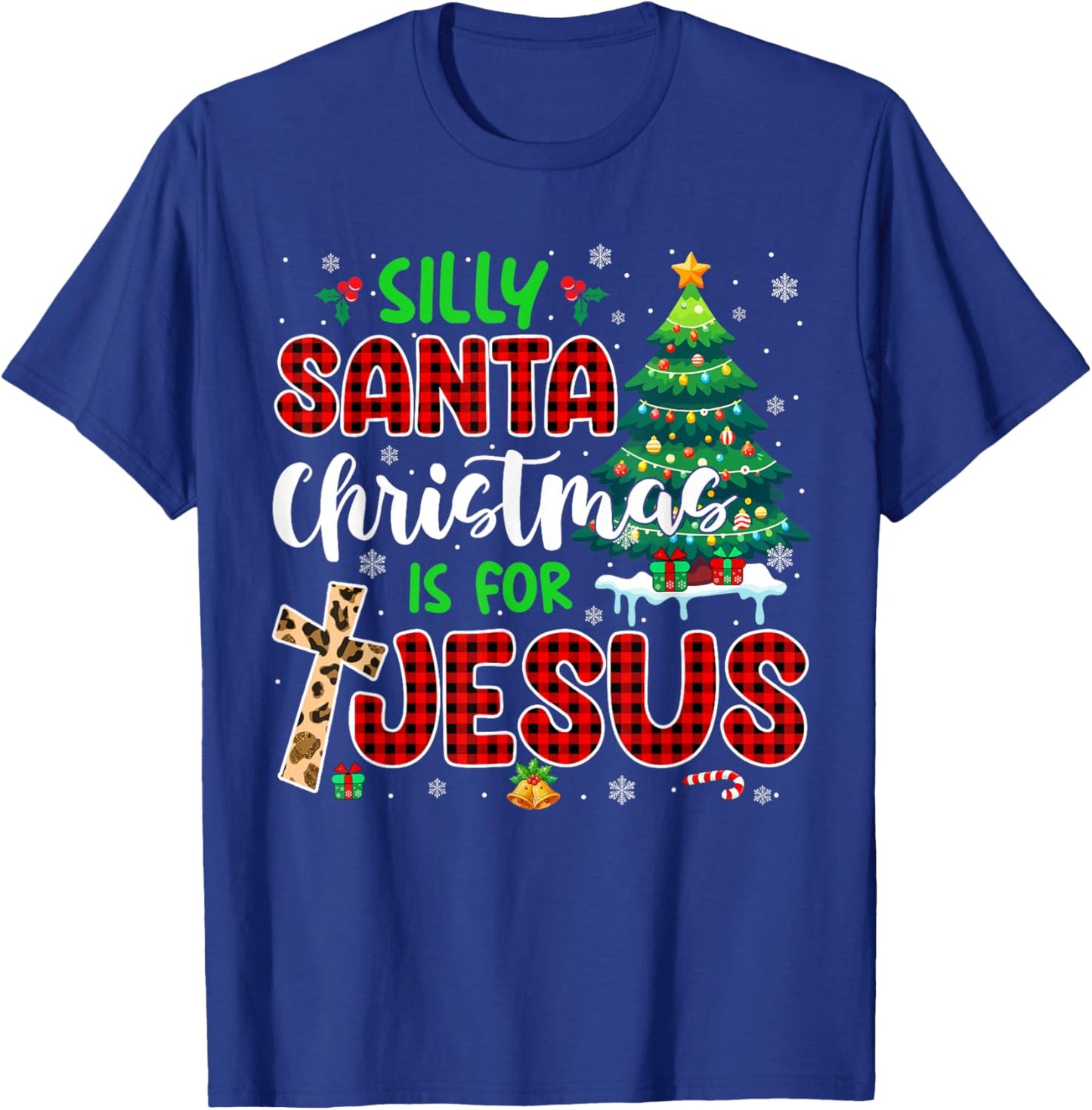 Silly Santa Christmas Is For Jesus Leopard Christian Cross T-Shirt - T-Shirt | Royal