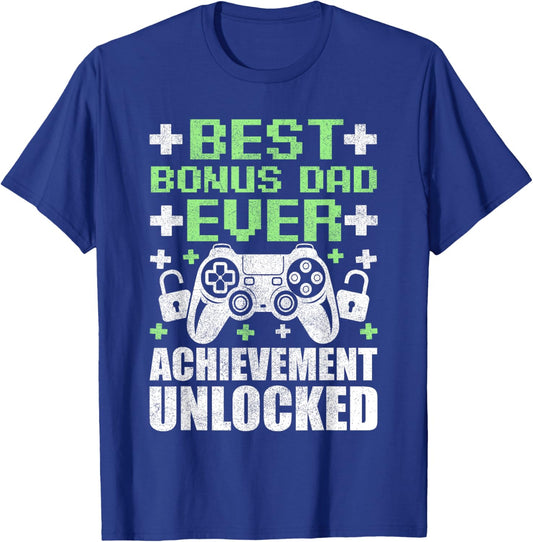 Gamer Stepdad Fathers Day, Bonus Dad Achievement Unlocked T-Shirt - T-Shirt | Royal