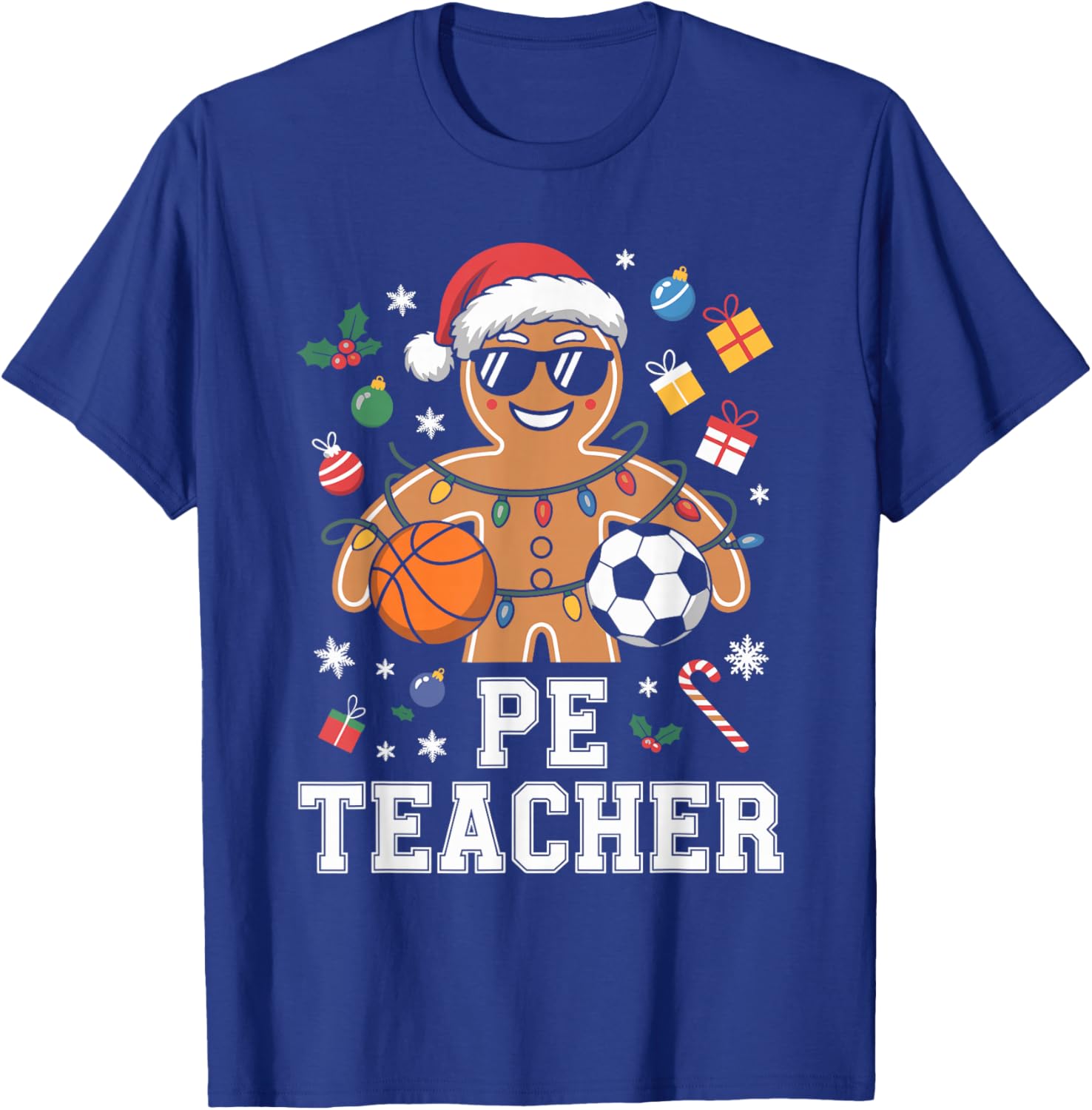 PE Teacher Gingerbread Christmas Physical Education Xmas T-Shirt - T-Shirt | Royal