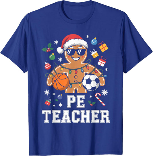 PE Teacher Gingerbread Christmas Physical Education Xmas T-Shirt - T-Shirt | Royal